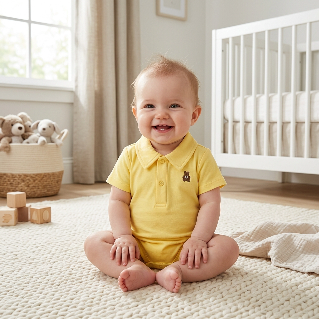 Baby in a versatile Mimou cotton polo romper in a bright tidy nursery