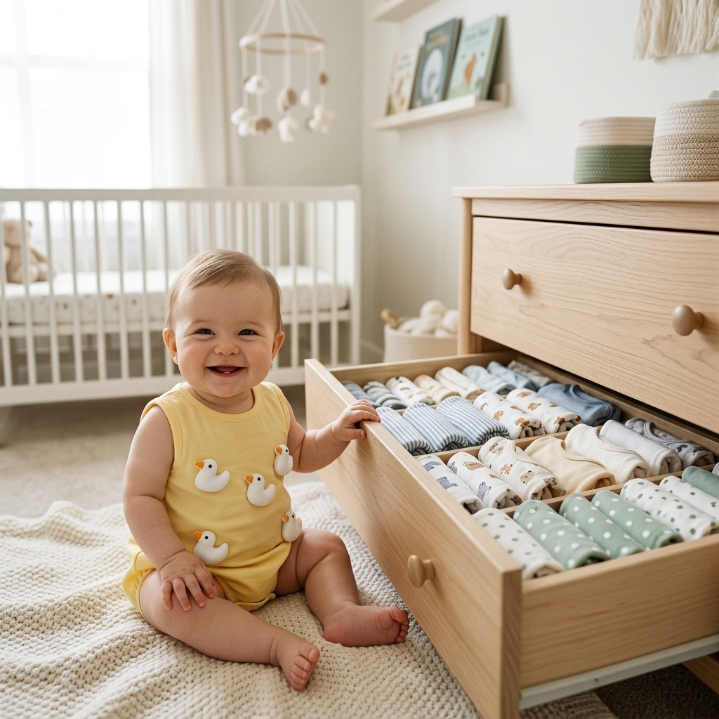 Baby in a Mimou little duck romper beside a drawer of neatly filed folded baby clothes