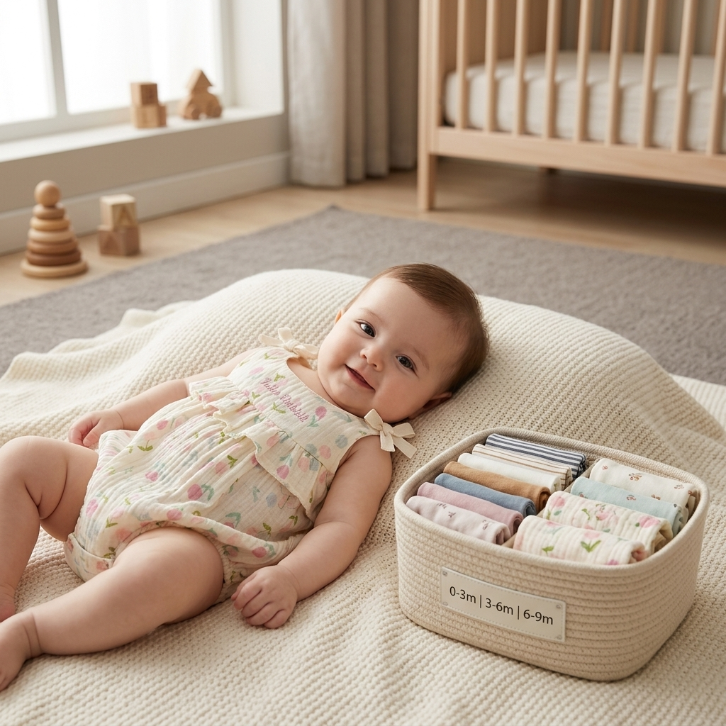 Baby in a Mimou watercolor tulip muslin romper beside a labelled basket of clothes sorted by size