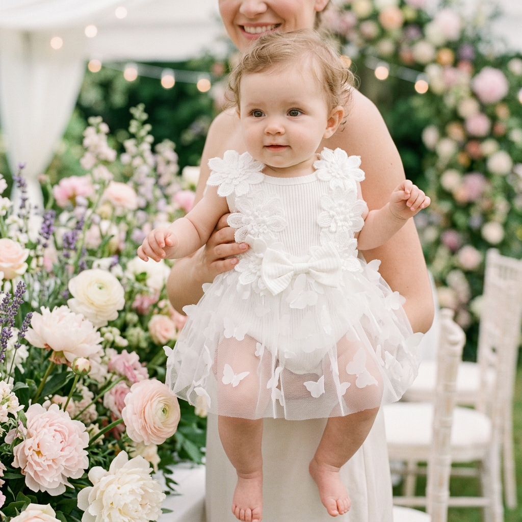 Baby girl in a Mimou white floral tulle special-occasion dress romper at a celebration