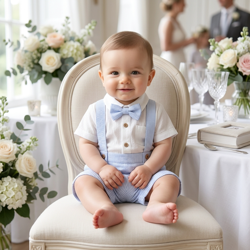 Baby boy in a Mimou little gentleman set with bow tie at a celebration