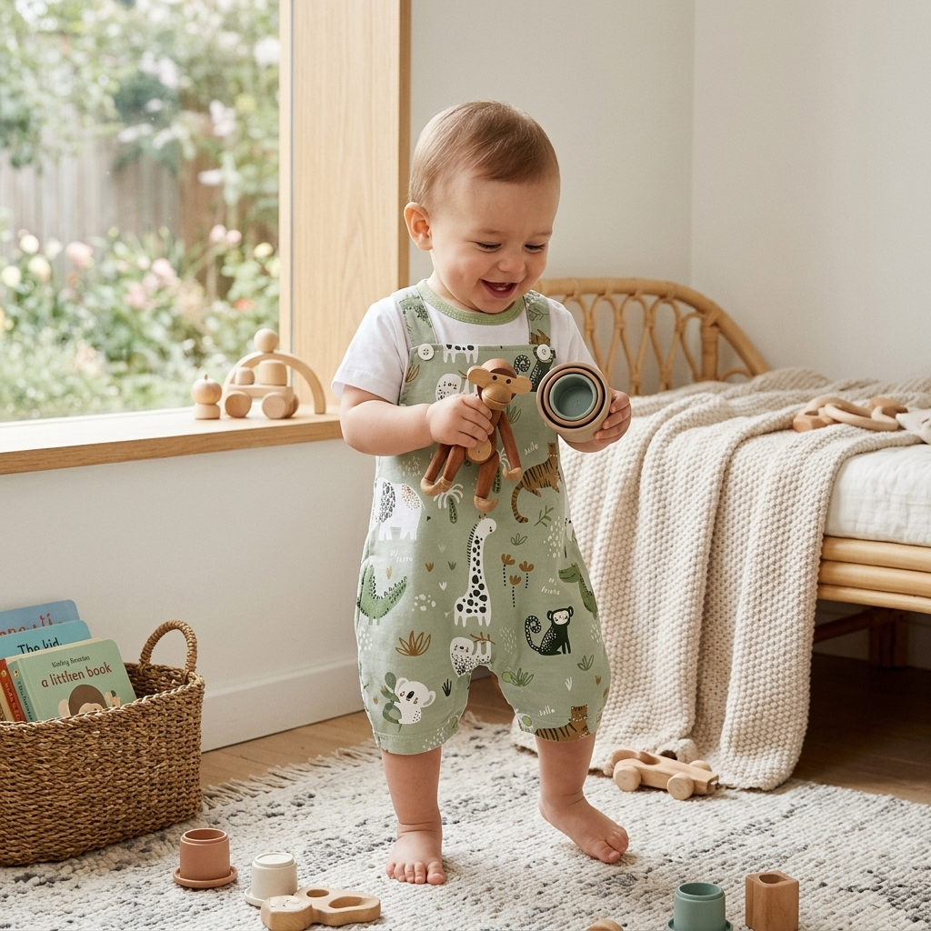 Baby in einem großzügigen Mimou Zoo-Print zweiteiligen Strampler-Set, das fröhlich spielt