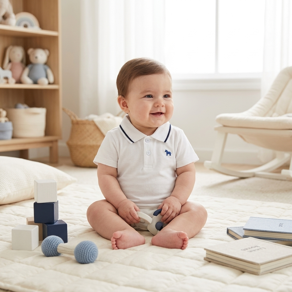 Baby in a Mimou embroidered horse polo romper in a bright nursery