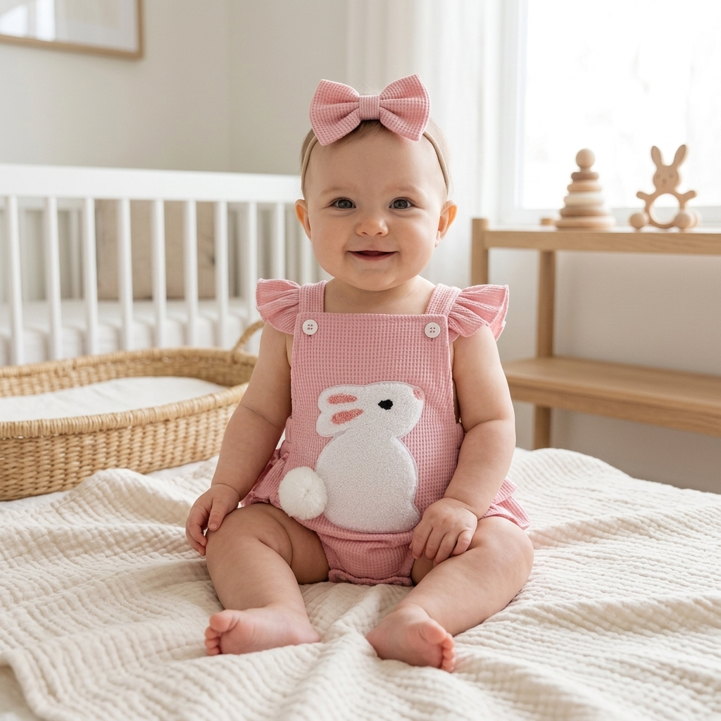 Baby girl in a Mimou bunny ruffle romper with headband in a bright nursery