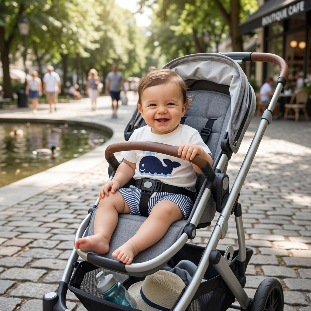 Baby in a Mimou cotton tee and striped shorts set out in a stroller on a bright day