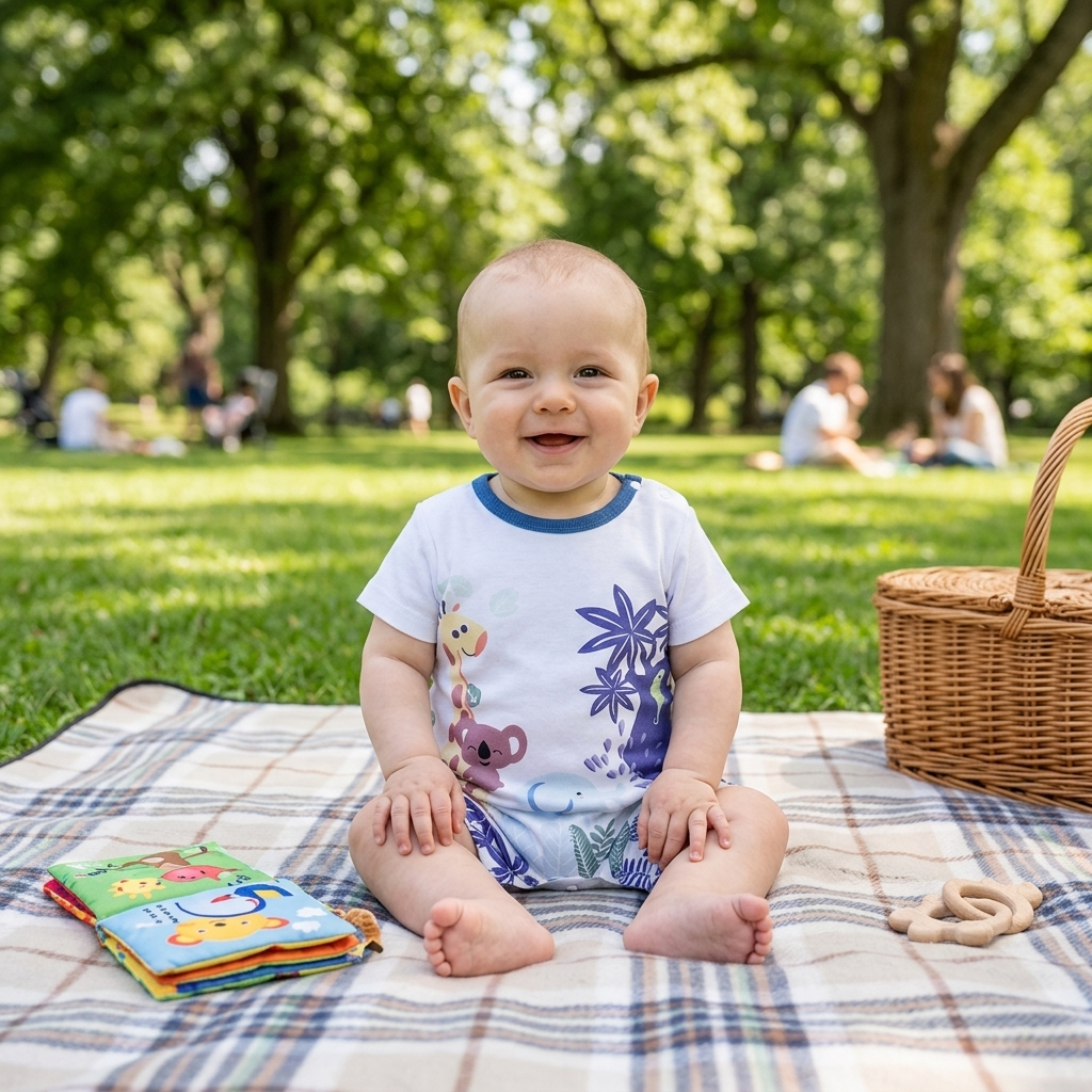 Baby in a Mimou jungle animals romper on a picnic blanket in the park