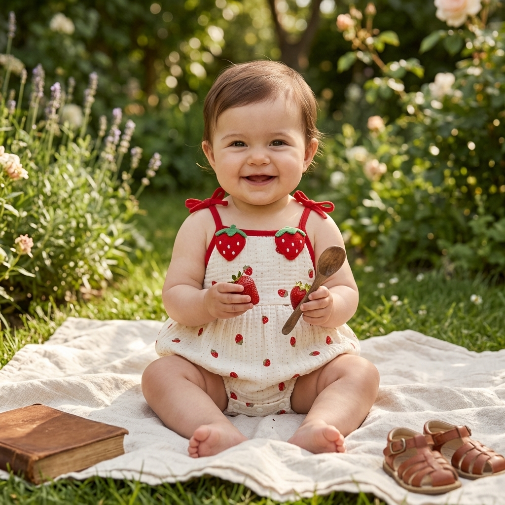 Baby in a Mimou strawberry muslin romper in a sunny summer garden