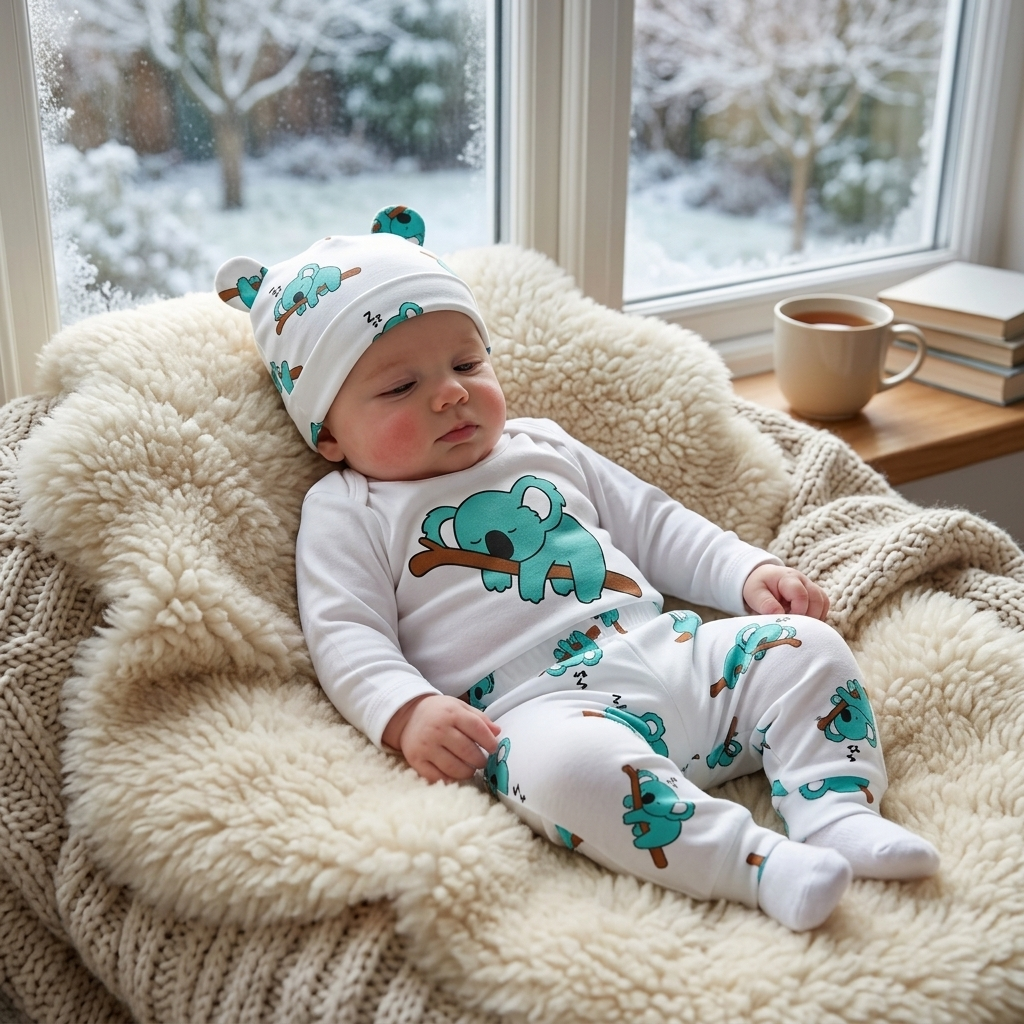 Cozy baby in a Mimou little koala long-sleeve set and hat by a window on a cold day
