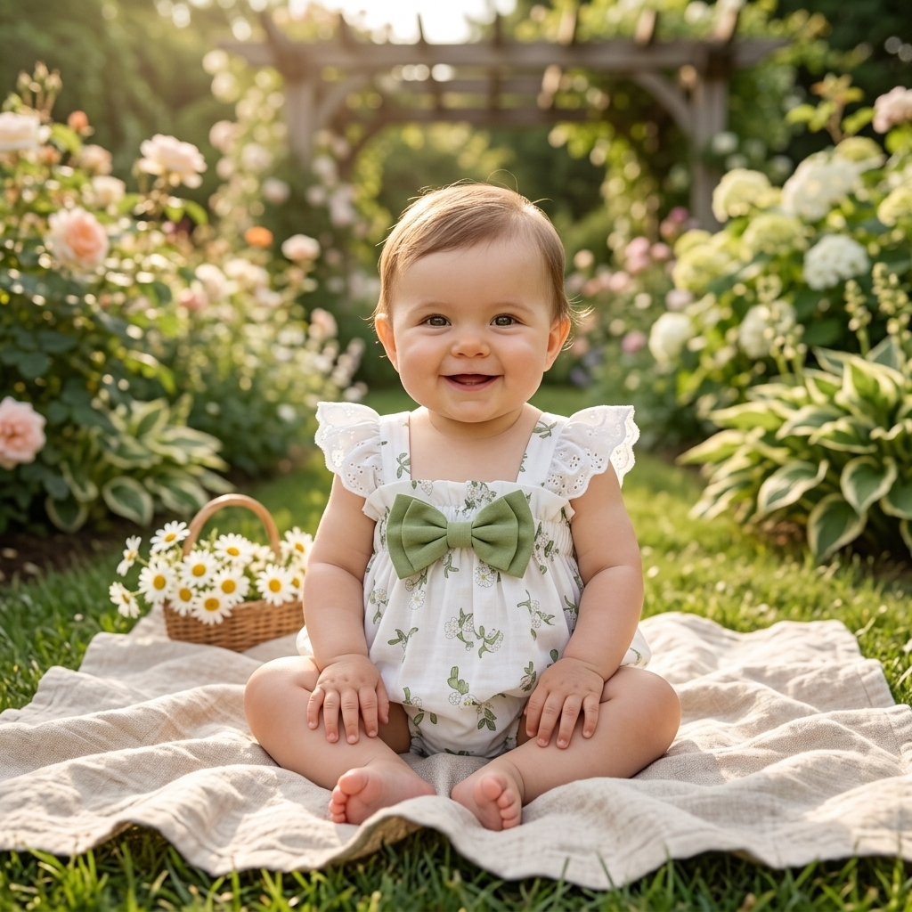 Baby in the Mimou White Botanical Eyelet Romper in a sunny summer garden