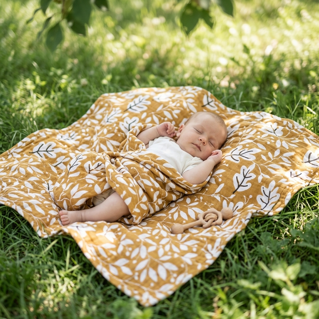 Baby resting on the Mimou Botanical Print Muslin Swaddle Blanket in dappled summer shade