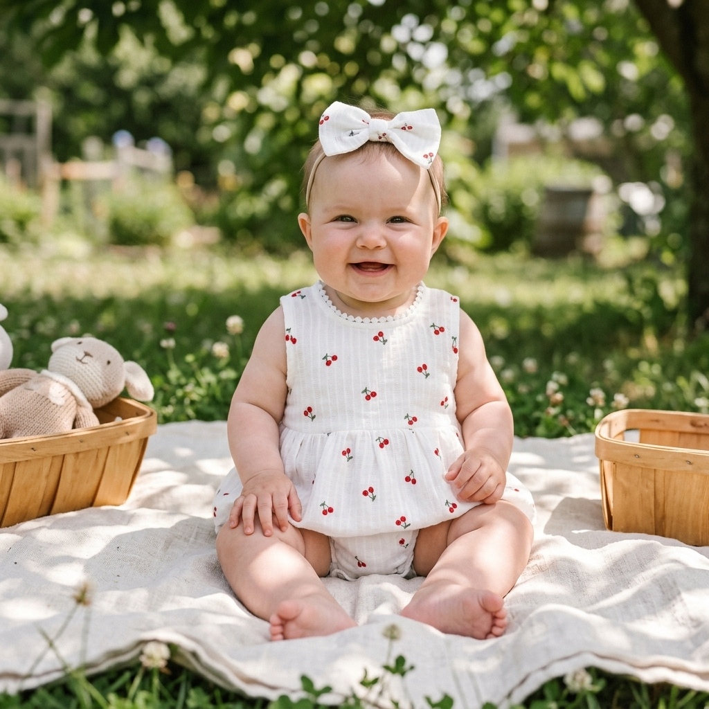 Baby in the Mimou Cherry Print Muslin Romper Dress in dappled summer shade