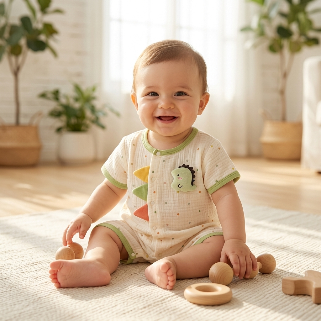 Baby in the Mimou Little Dino Muslin Romper playing indoors on a hot day