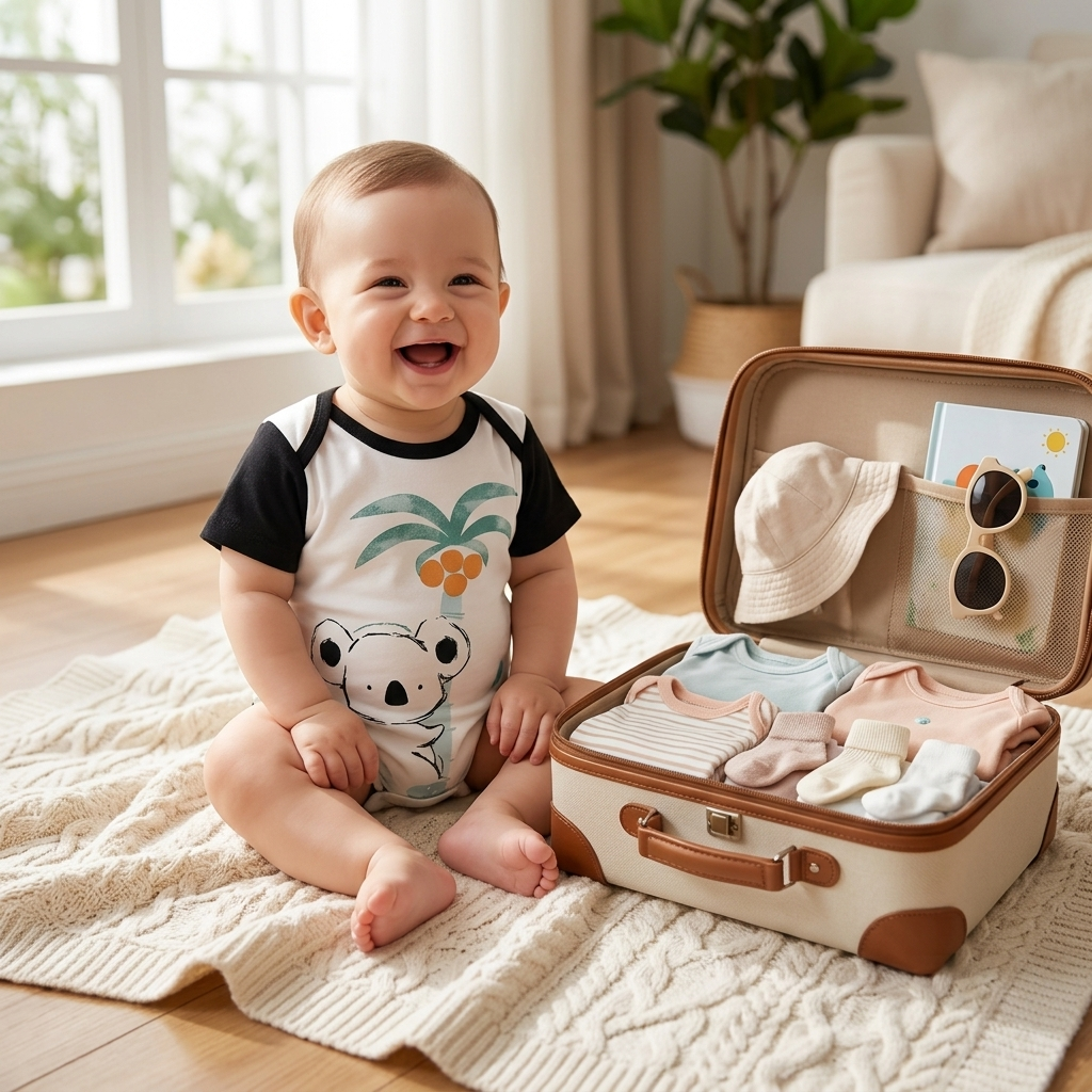 Baby in the Mimou Koala & Coconut Palm Romper beside a suitcase packed with baby clothes