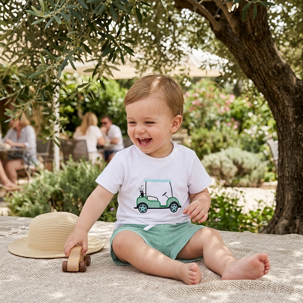 Toddler in the Mimou Little Golfer Summer Set on holiday in dappled shade