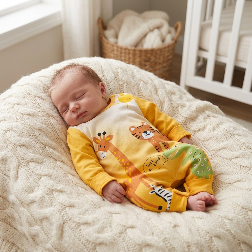 Small newborn baby in a soft Mimou long-sleeve safari romper resting at home