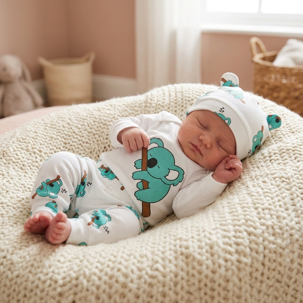 Small newborn baby in a soft Mimou long-sleeve bodysuit, trousers and hat set at home