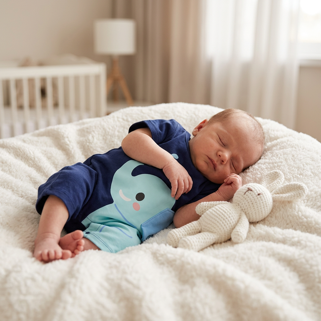 Very small newborn baby in a soft Mimou elephant romper resting on a white blanket