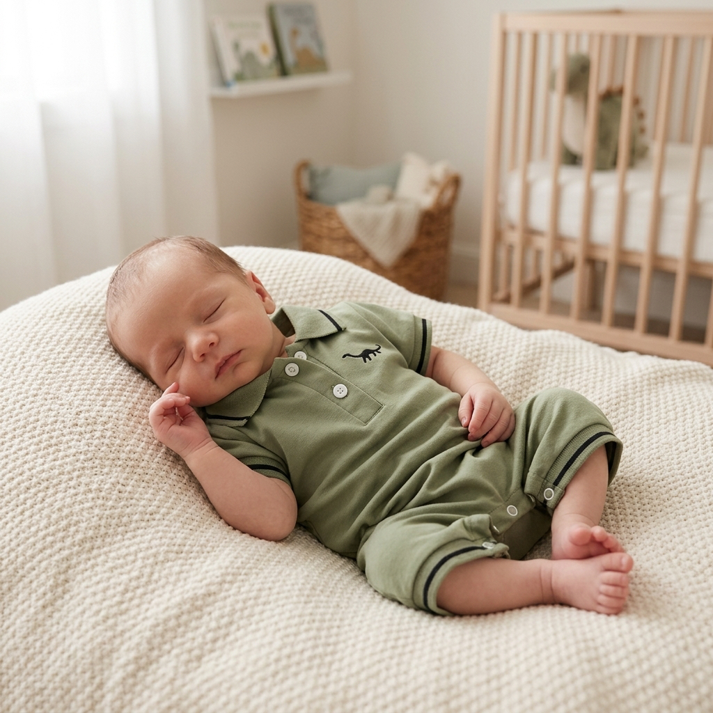 Small newborn baby in a soft Mimou dinosaur half-button romper with easy-open snaps