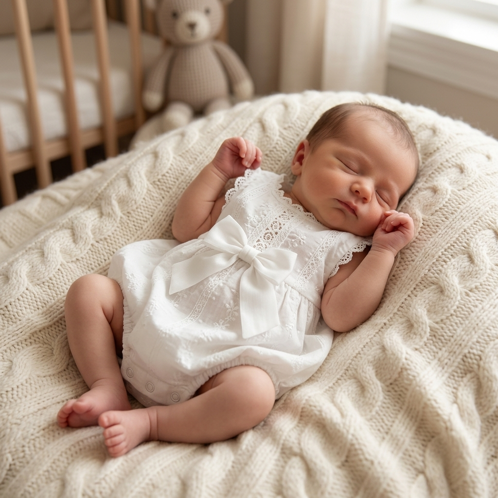 Very small newborn baby in a soft white Mimou cotton romper on a cream blanket