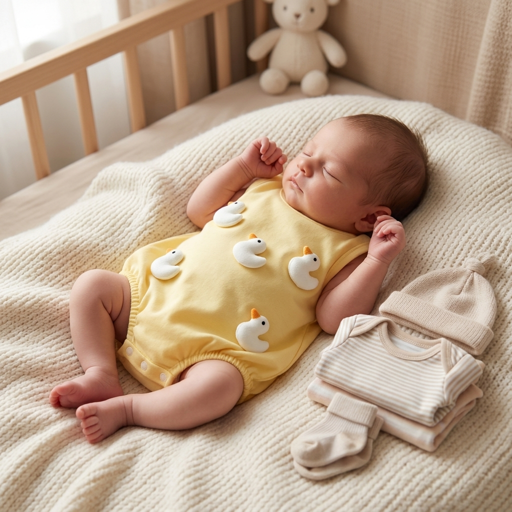 Small newborn baby in a Mimou little duck romper beside a few tiny folded preemie clothes
