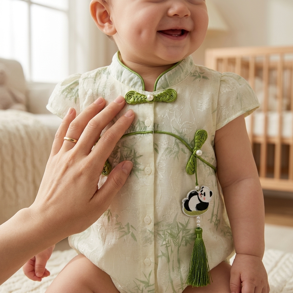 Parent feeling the soft natural fabric of a Mimou bamboo and panda baby romper