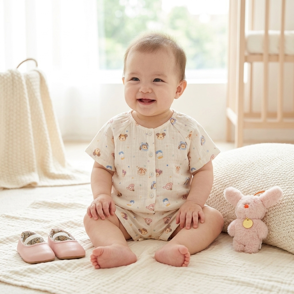 Baby in a soft Mimou cartoon animal muslin set on a natural cotton blanket