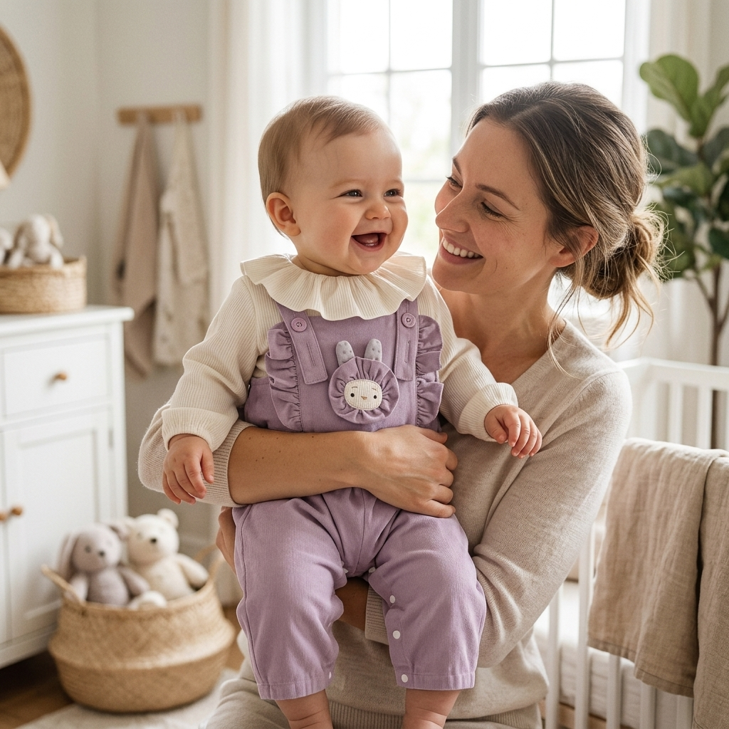 Mother holding her baby who is wearing a Mimou lavender bunny dungaree set