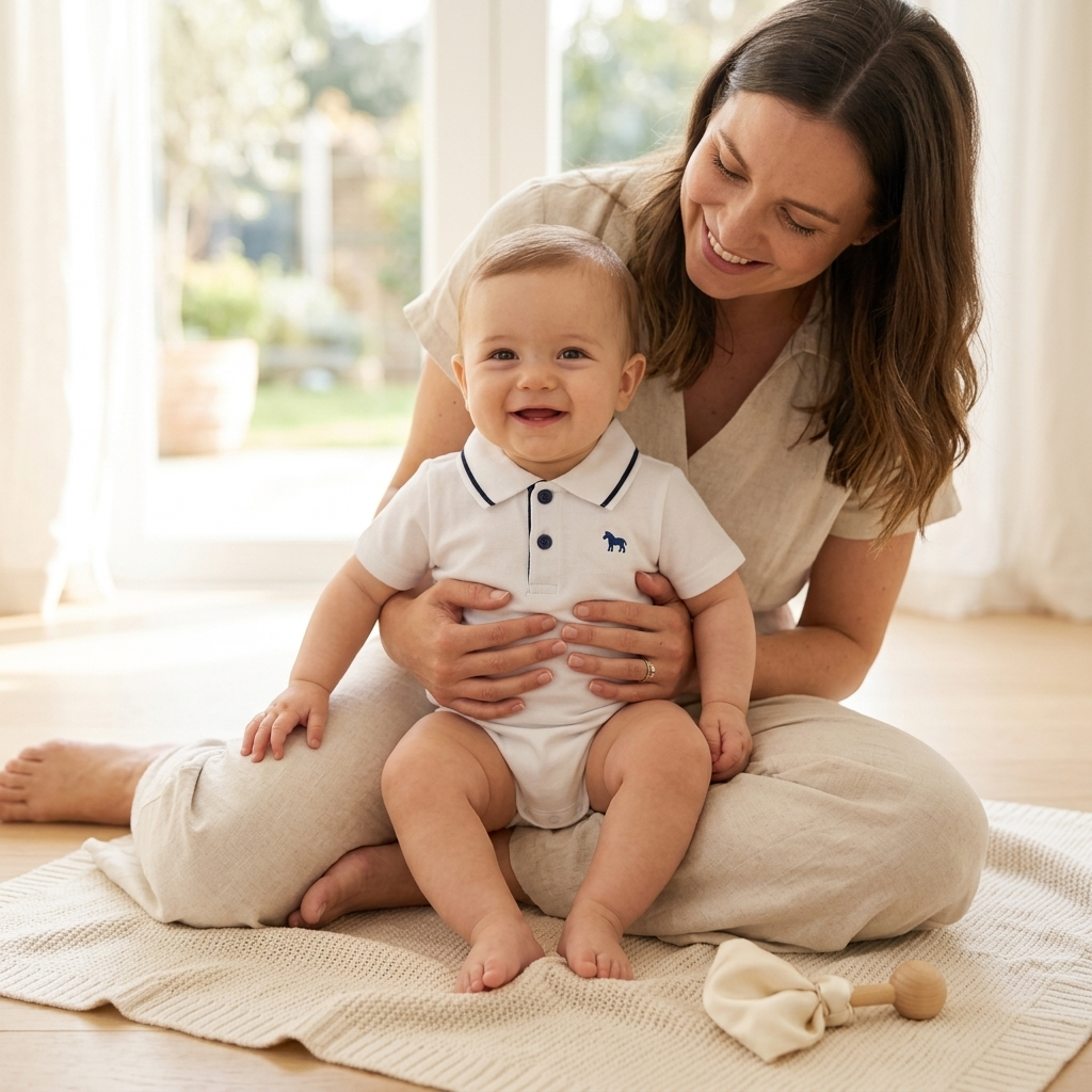 Mother holding her baby who is wearing a Mimou embroidered horse polo romper
