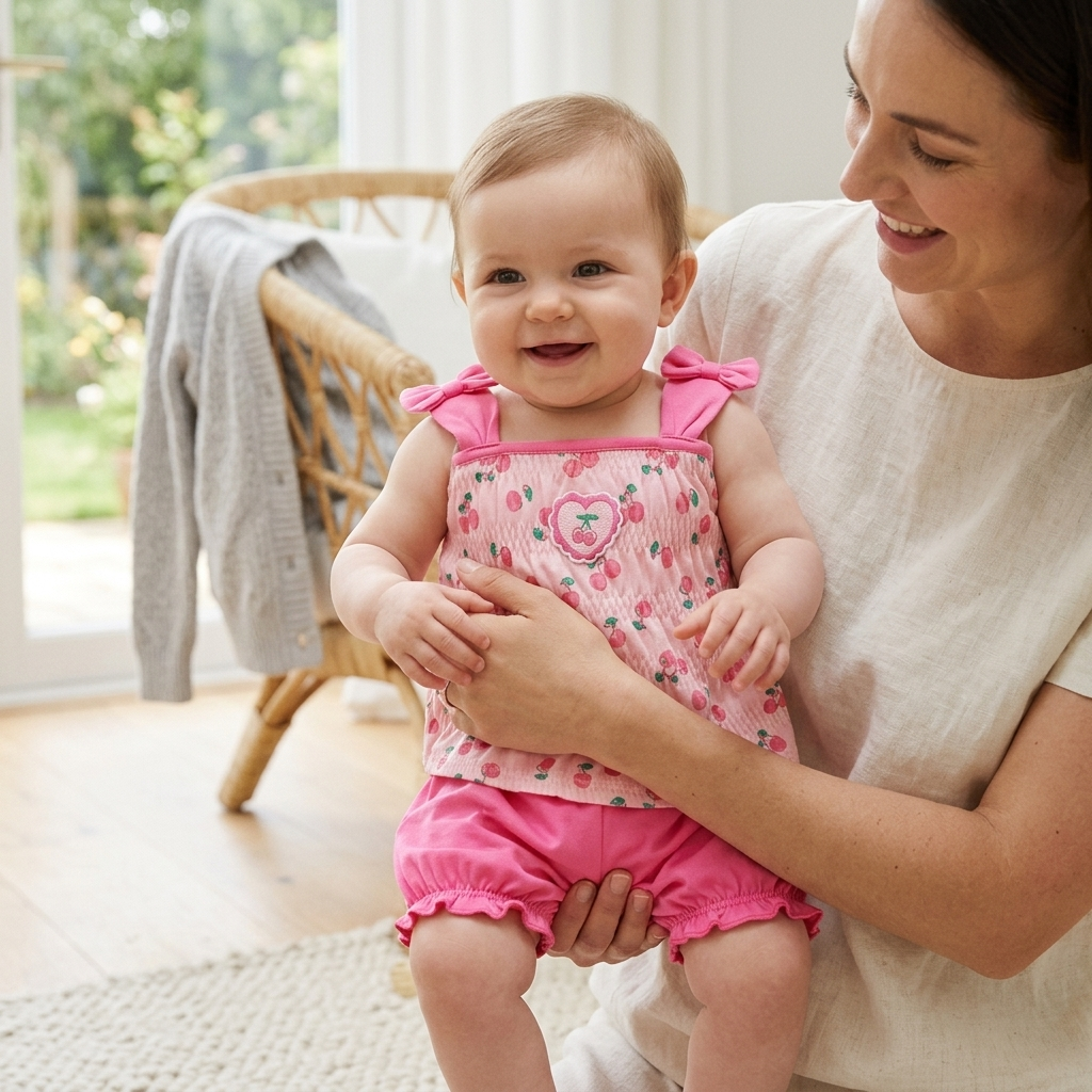 Mother holding her baby in a Mimou cherry heart smocked set with a light cardigan nearby