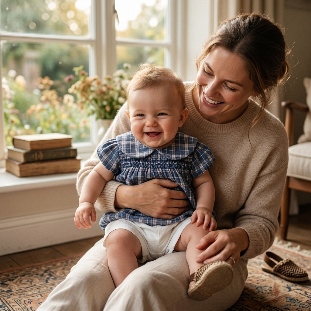 Mother holding her baby in a Mimou blue plaid collar and shorts set near a window