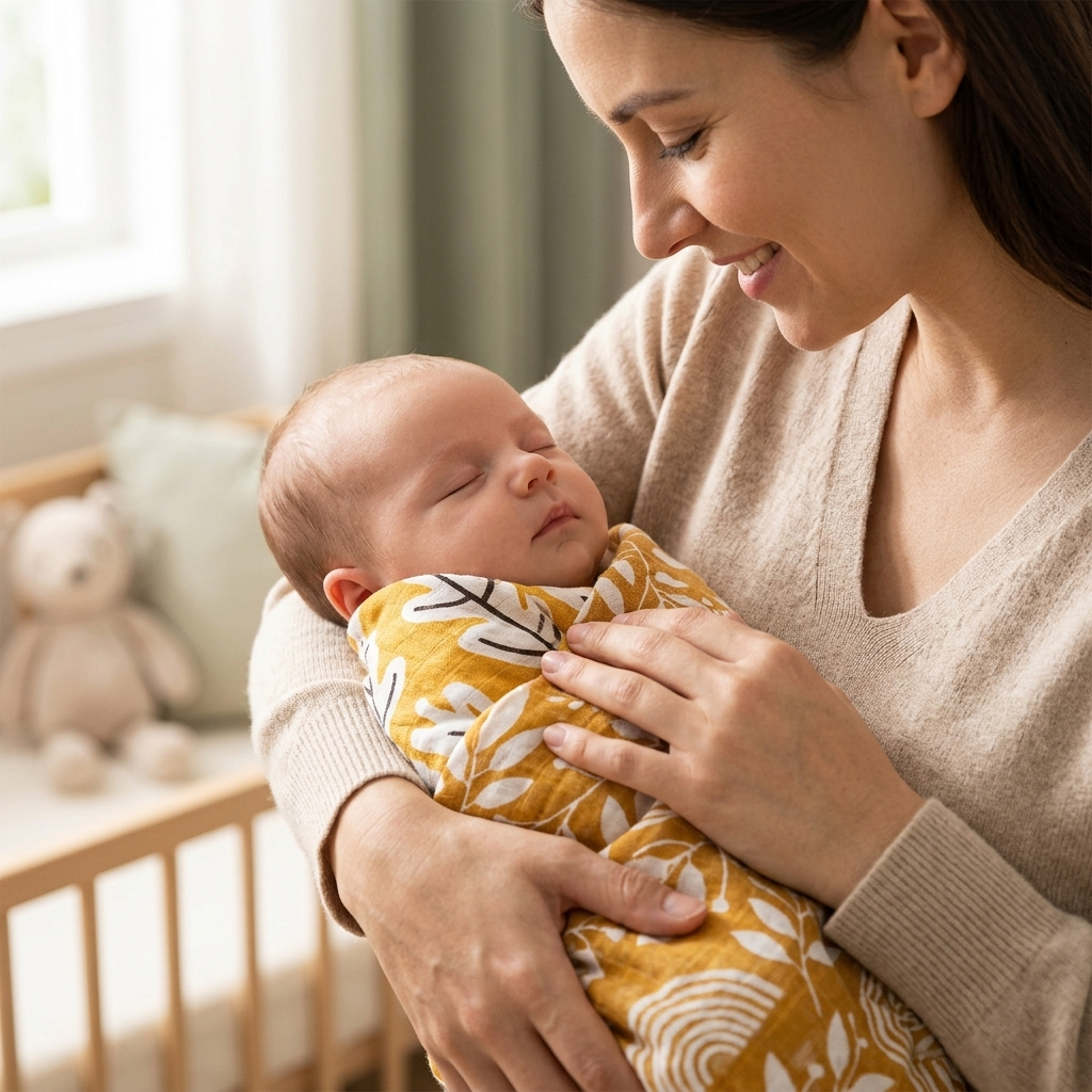 Mother cradling her newborn softly wrapped in a Mimou botanical muslin swaddle