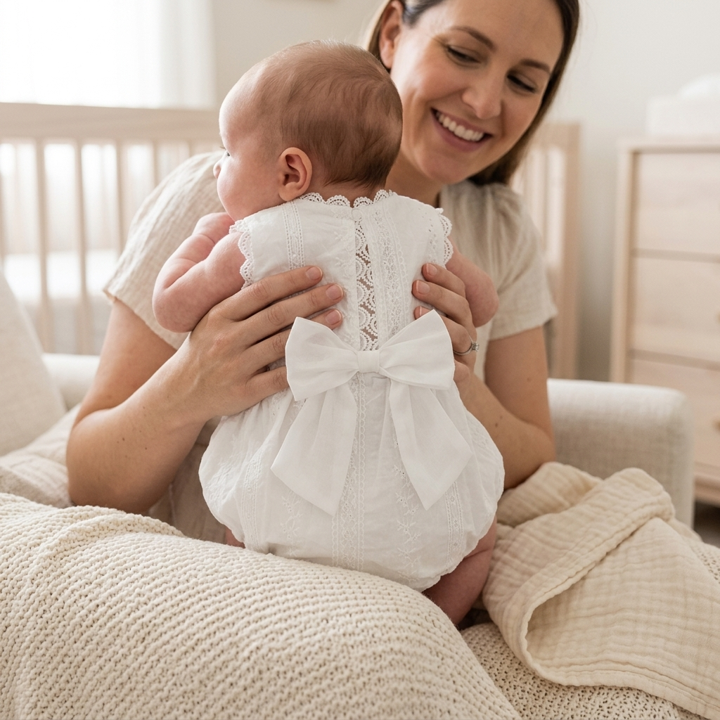Mother holding her newborn in a Mimou white cotton romper ready to be swaddled