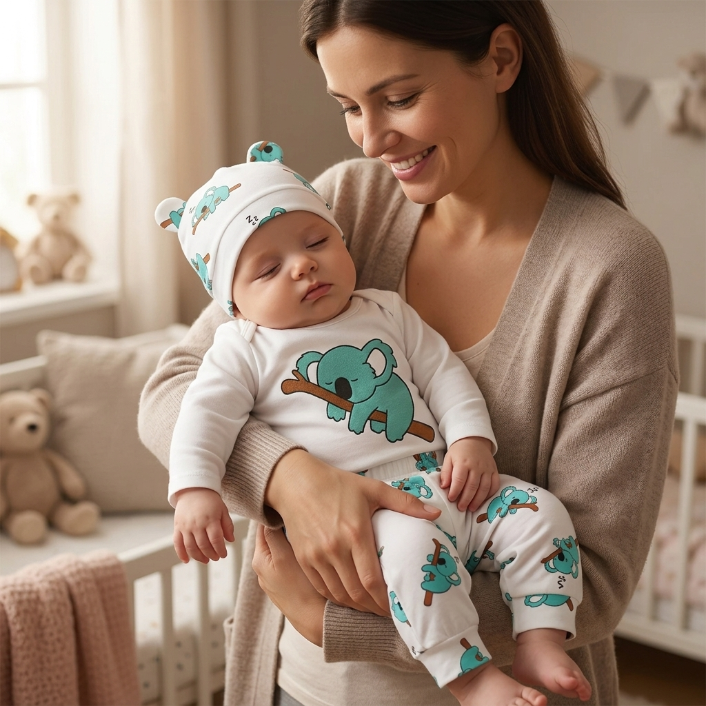 Mother holding her drowsy baby in a Mimou little koala long-sleeve set at bedtime