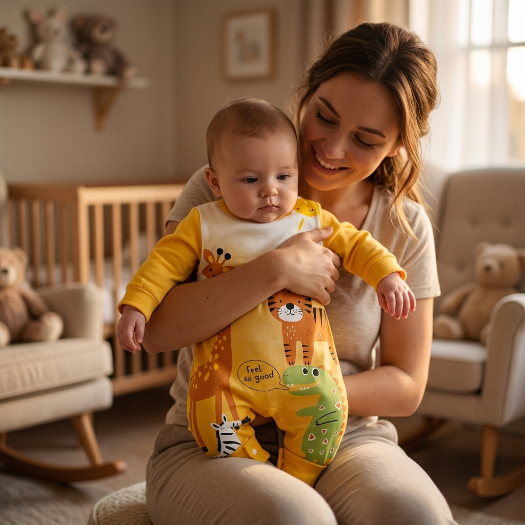 Mother holding her baby in a Mimou safari long-sleeve romper with one arm free