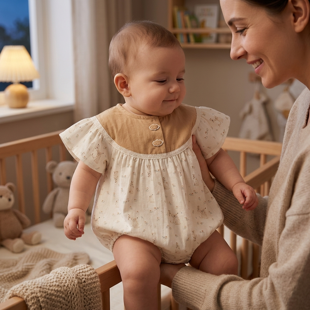 Mother holding her baby in a Mimou bunny print romper beside a cot at bedtime