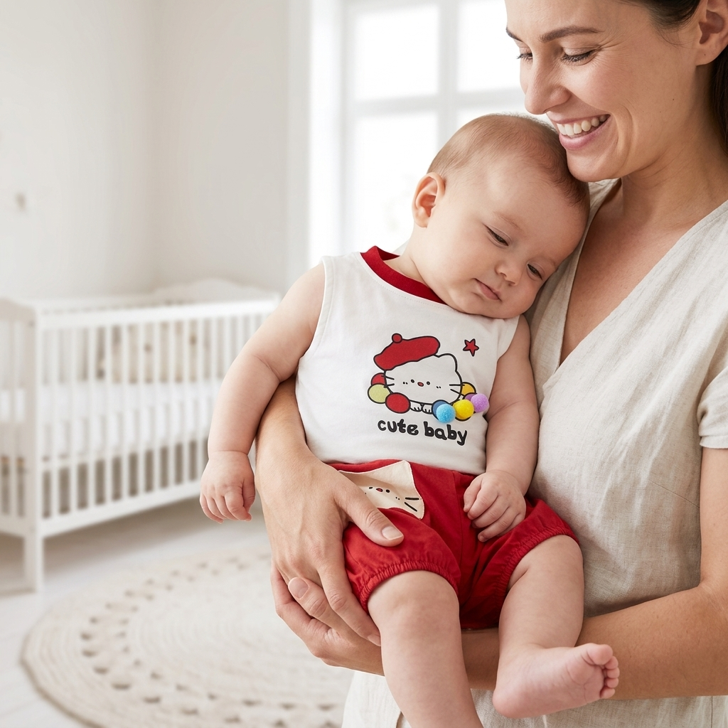 Mother holding her baby in a light Mimou sleeveless cat vest and shorts set in a warm room