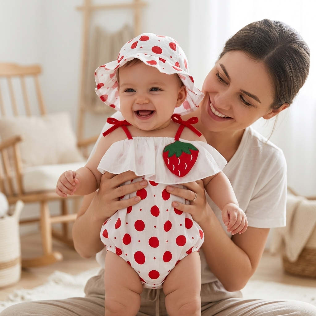 Mother holding her baby in a Mimou strawberry polka dot romper and bucket hat that fits with room to grow