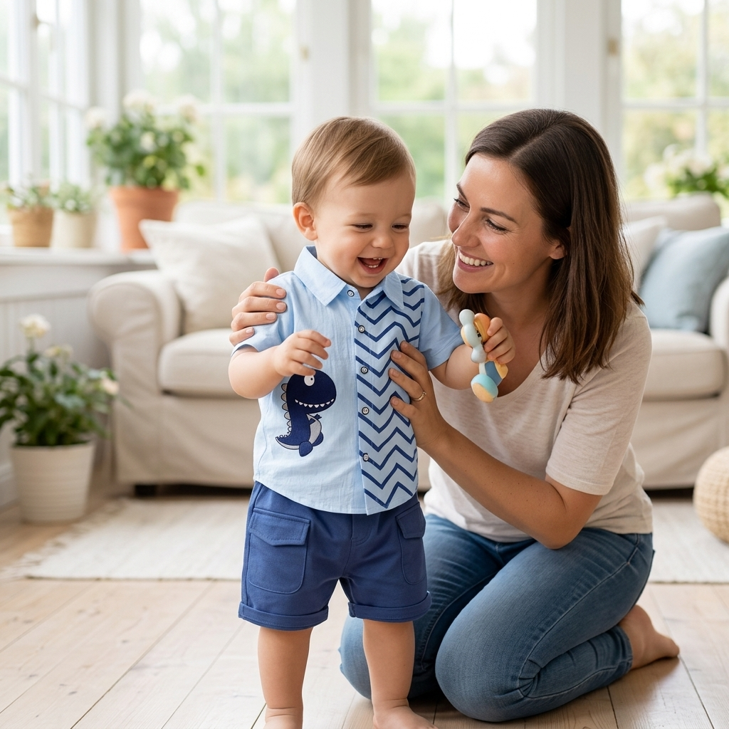 Mother with her toddler in a Mimou chevron dinosaur shirt and cargo shorts set that fits with room to move