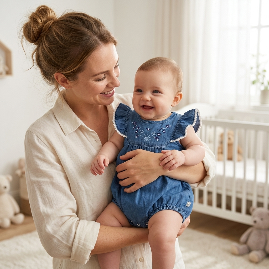 Mother holding her baby in a Mimou embroidered denim flutter romper