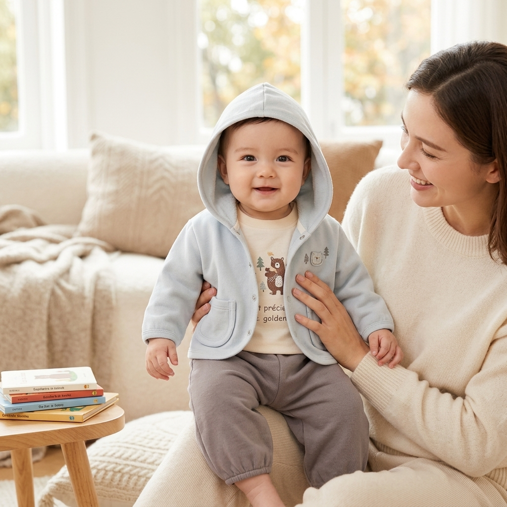 Mother with her baby in a Mimou little forest bear hooded jacket, bodysuit and jogger set