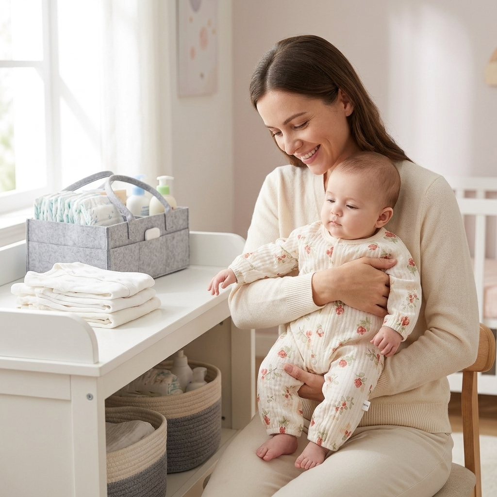 Mother beside a tidy organised changing table holding her baby in a Mimou berry print muslin romper