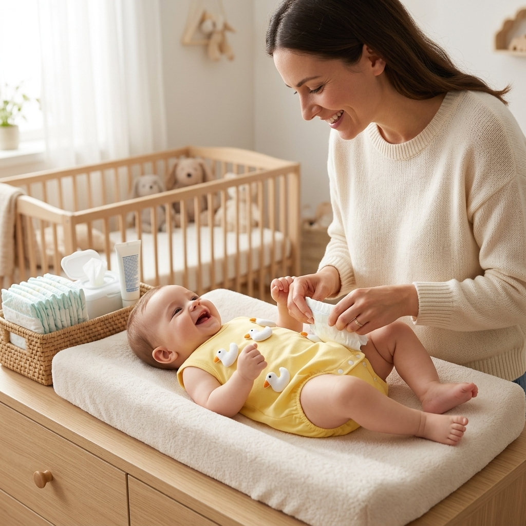 Mother changing her baby in a Mimou little duck snap romper on a neat changing mat