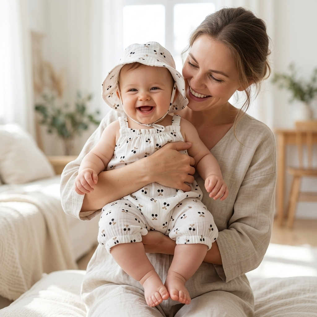 Mother holding her baby in a Mimou black cherry print romper and bucket hat