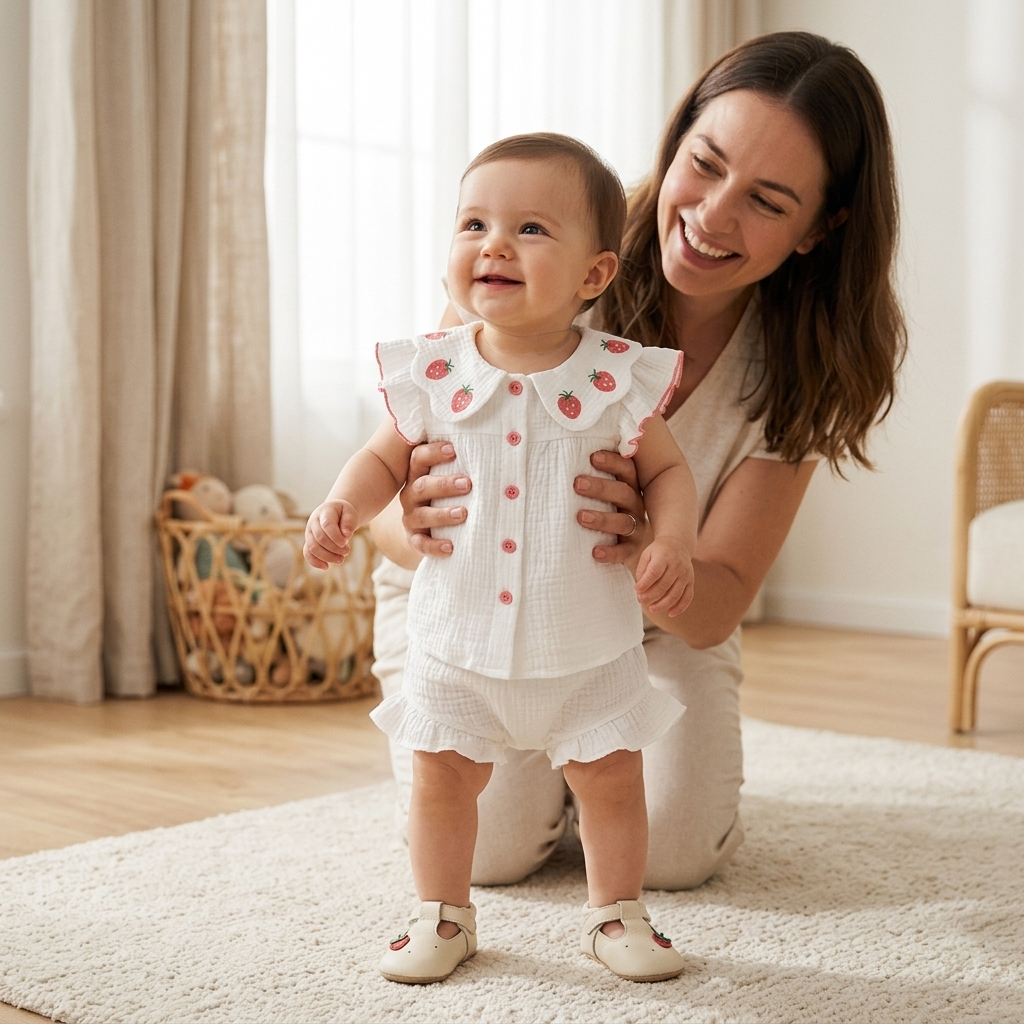 Mother steadying her baby learning to stand, wearing soft first-walker shoes and a Mimou strawberry collar muslin set