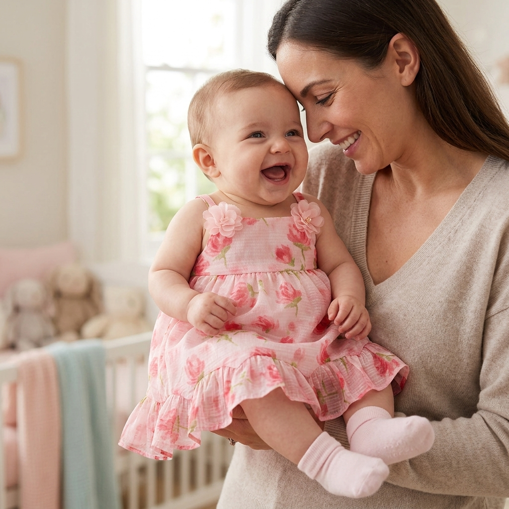 Mother cradling her baby in a Mimou watercolour rose ruffle dress with soft socks on tiny feet