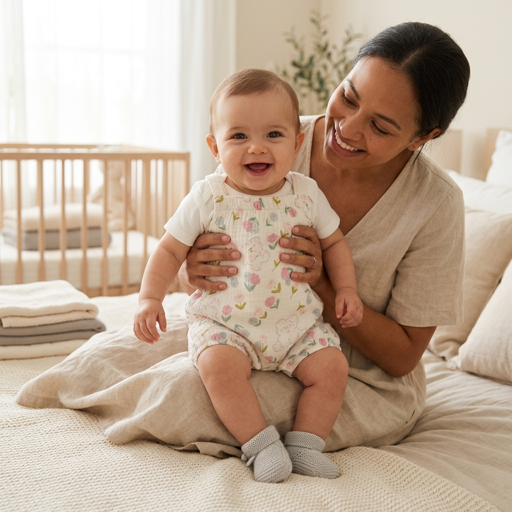 Mother holding her baby in a Mimou floral bear muslin dungaree with soft booties on little feet