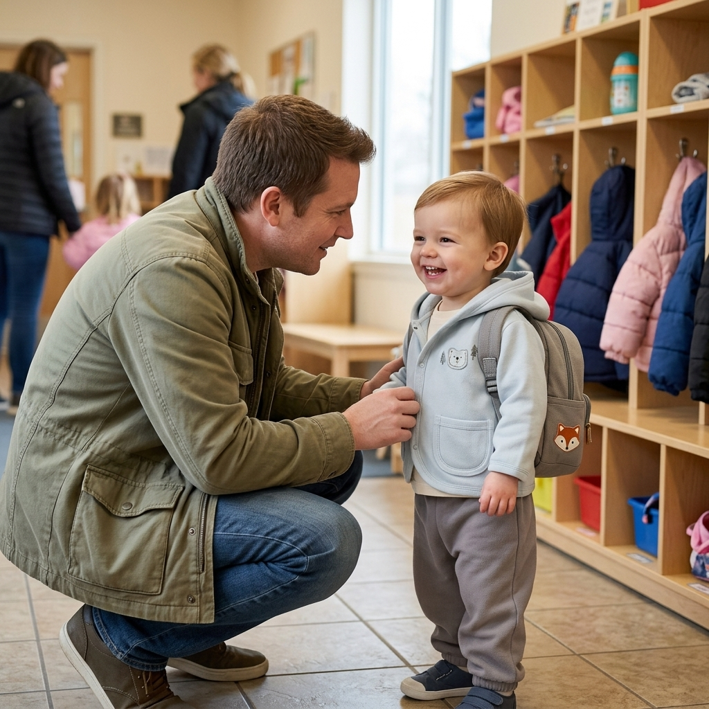 Father saying goodbye to his toddler in a Mimou little forest bear set at daycare drop-off