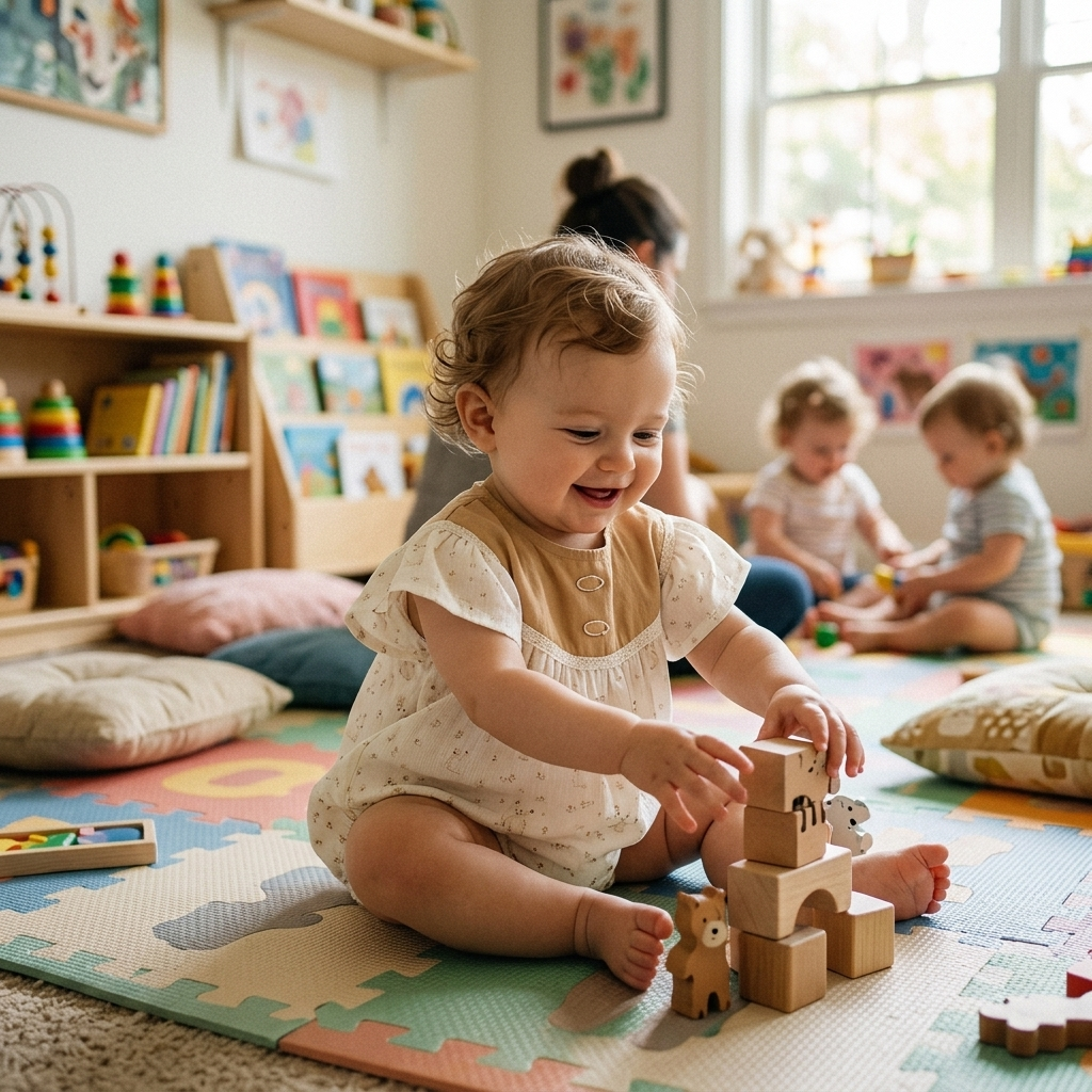 Baby in a Mimou bunny print romper playing with toys on the floor at daycare