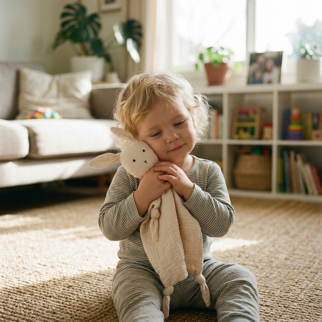 Toddler cuddling a soft muslin bunny comfort lovey at home
