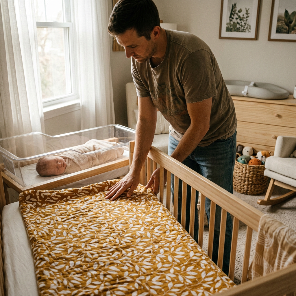 Parent laying a botanical muslin swaddle blanket in a crib